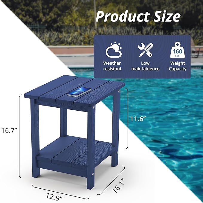 LUE BONA Adirondack Outdoor Side Table, 2-Tier Navy HDPS Patio End Table Weather Resistant, Morden Side Table for Patio, Pool, Porch LUEBONA
