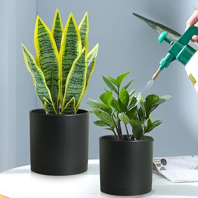 12/10/8 inch Large Deep Plant Pots, 3 Pack Tall Cylinder Flower Pots for Outdoor Indoor Plants, Plastic Planters with Drainage Holes and Saucers for Garden Porch House Plants, Black Meowell