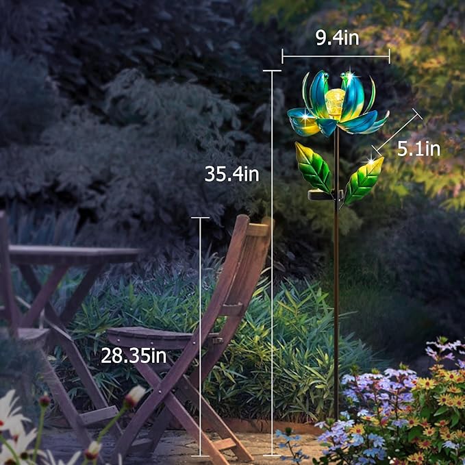 Solar Yard Lights Wind Spinners- Metal Lotus Flower Garden Decor LED Crackle Glass Globe Yard Art Sculpture Solar Stake Lights for Patio Pathway Lawn Walkway SUCUY