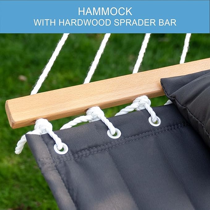 Lazy Daze Hammocks 12 FT Double Quilted Fabric Hammock with Spreader Bar and Detachable Pillow, 2 Person Double for Outside Patio Poolside Backyard Beach, 450lbs Capacity, Gray LazyDazeHammocks