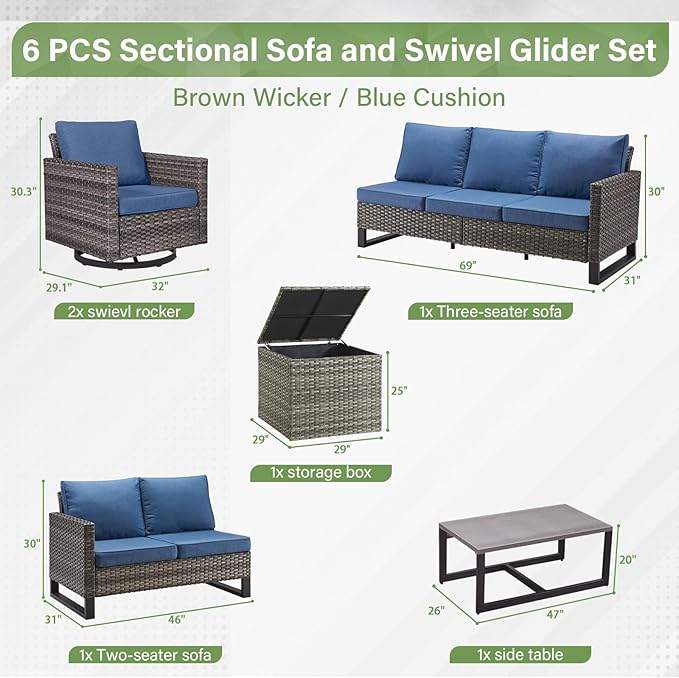 Belord Family Reunion Patio Conversation Set - 6 Piece Outdoor Sectional Furniture Set with Storage Box and Wicker Swivel Glider Chair Set of 2,Removable Blue Cushions for Deck Backyard Sunroom Belord