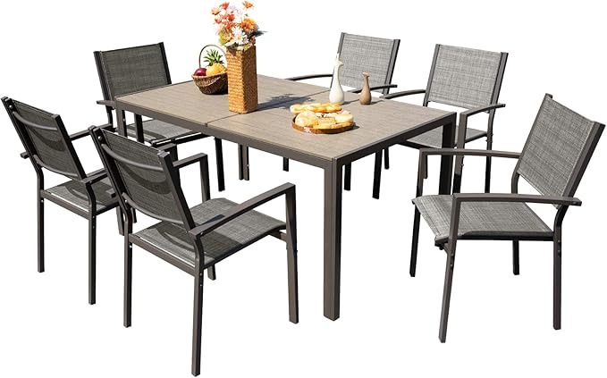 Devoko Patio Dining Set 7 Piece Outdoor Furniture with Rectangular Table and 6 Stackable Chairs Family Conversation Set for Garden Backyard Deck (Grey) DEVOKO