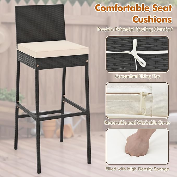 COSTWAY 5 Piece Patio Bar Set, Outdoor Rattan Wicker Bar Table and 30'' High Top Chairs Set with Acacia Wood Tabletop and Cushions for Poolside, Backyard COSTWAY