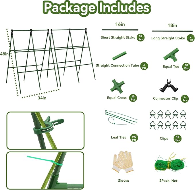 2 Pack Cucumber Trellis, 34"×48" Garden Trellis for Climbing Plants Outdoor, A-Frame Vegetable Trellis for Raised Bed, Support for Tomatoes, Squash, Zucchini, Vegetables & Flowers Lazzmonk