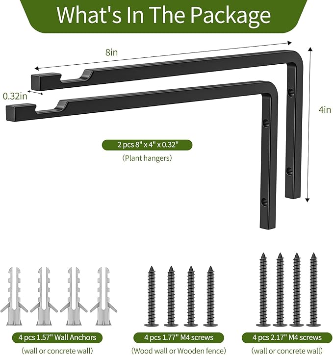 2 Pack 8 Inch Plant Hanger Hooks for Indoor Hanging Plants, Heavy Duty Steel Hanging Plant Brackets Wall Mount Hooks for Hanging Bird Feeders Flower Basket Wind Chime Solar Lanterns Outdoor, Black GintongUwak