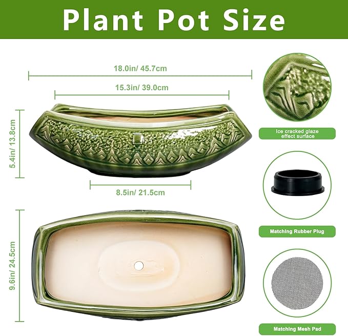 Bonsai Planter 18 Inch - Large Ceramic Succulent Pots with Drainage Hole, Bonsai Pots for Indoor Outdoor Plant, Ceramic Flower Pot, Decorative Plant Pot, Garden Decor, Housewarming Gift, Green Teagas