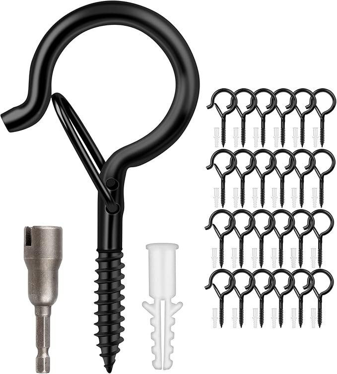 24 PCS Q-Hanger Hooks, Screw Hooks for Outdoor String Lights, Safety Buckle Design Cup Eye Hook for Hanging Christmas Lights, Plants, Wind Chimes, Mounted on Wall Ceiling, Include 1 Wing Nut Driver FSAH