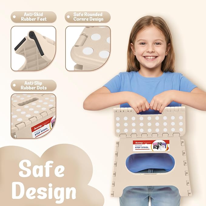 ACSTEP Folding Step Stool 11 Inch, Sturdy Plastic Foldable Step Stool for Kids & Adults, Non Slip Lightweight Collapsible Foot Stools Holds 300 lbs, Ideal for Kitchen, Bathroom, Outdoor, Khaki ACSTEP