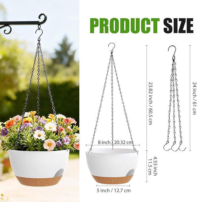 8 Inch Hanging Planters for Indoor Outdoor Plants, 4 Pack White Brown Plastic Self Watering Hanging Baskets with Drainage Holes and Chain for Garden Porch SQKH
