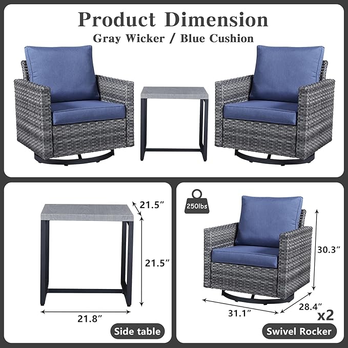 Belord Outdoor Bistro Set 3 Piece Wicker Swivel Rocker Patio Chairs, Oversize Outdoor Rattan Seating Set, Patio Swivel Glider Chairs Wicker Furniture with Metal Side Table for Outside Porch Backyard Belord