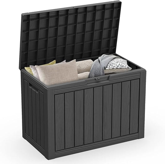 ROJIK Outdoor Storage Housing Deck Box - Waterproof Patio Furniture, Garden Tools, Cushions, Pool Accessories Storage Bench with Lockable Lid and Side Handles (Black, 45 Gal) ROJIK