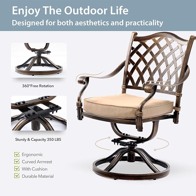 5-Piece Cast Aluminum Patio Furniture, Patio Dining Set for 4 Include 54" Round Outdoor Dining Table and 4 Swivel Chairs with Cushions & Umbrella Hole (Bronze) Rootora