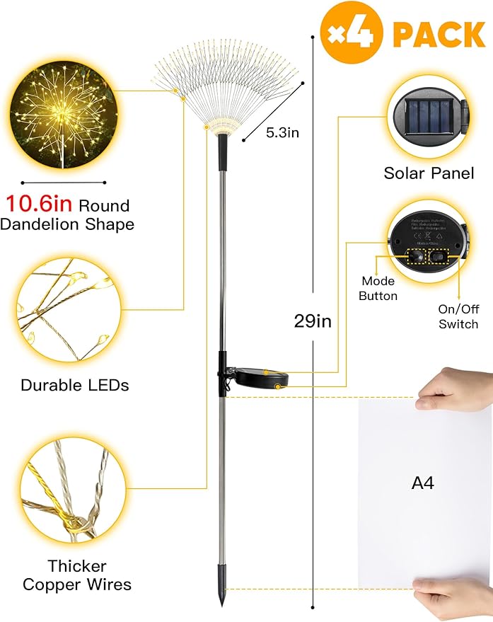 suddus Solar Garden Lights Outdoor Waterproof Decorative, 4Pack 150LED Firework Lights, Solar Fairy Lights for Yard, Garden, Party, Patio, Pathway, Flowerbed, Wedding - Warm White SUDDUS
