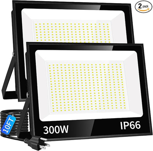 300W LED Flood Light Outdoor with Plug, 36000LM Ultra Brighter Security Light, IP66 Waterproof Exterior Plug in Floodlight, 5000K Daylight White for Lawn Yard Garden Stadium(2 Pack) ISUERFY-BornforGlowParty