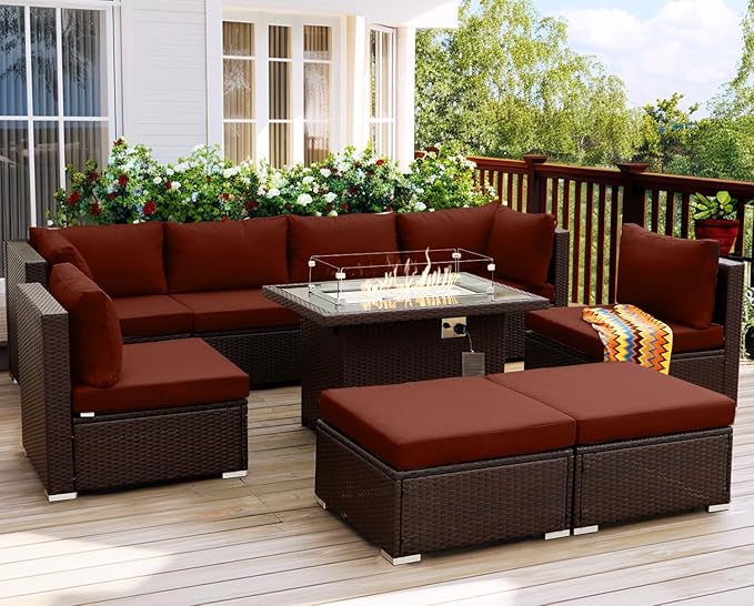 NICESOUL 9 Pcs Large Outdoor Patio Furniture Set with Firepit Natural Gas & Propane, 29.3 High Back Comfy Conversations Sofa Sets Modular, Wide Sectional for Heavy Weight, Brown Rattan and Red Cushion NICESOUL