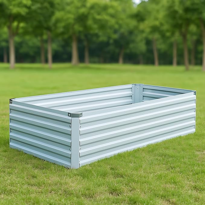 2 Pack 4x2x1FT Galvanized Raised Garden Bed Kit, Outdoor Metal Planter Box for Vegetables, Bottomless Rectangular Gardening Bed with Support Rods, Tool-Free Assembly, Silver Meberam