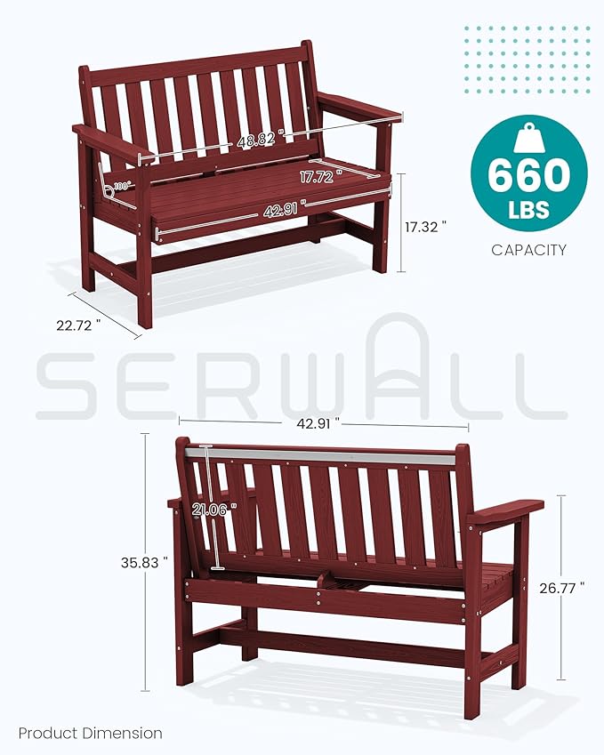 SERWALL Outdoor Bench, HDPE Outdoor Benches Weatherproof, 2-Person Garden Bench with 660 lbs Weight Capacity, Patio Benches for Outdoors, Garden, Porch, Backyard and Park, Red, 6 Pack SERWALL