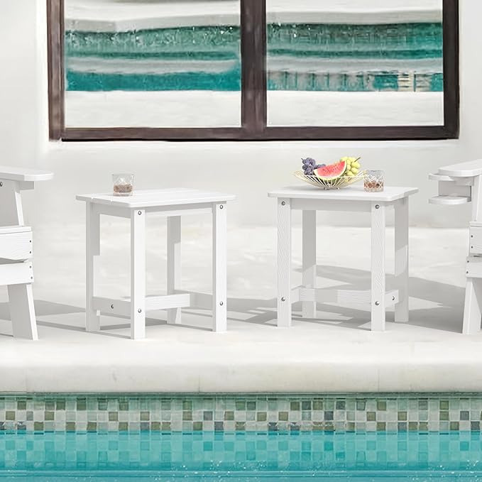 LUE BONA Outdoor Side Table Set of 2, HDPS Small Outdoor Table, Adirondack Side Table, Outside End Table for Patio, Porch, Deck, Pool, Weather Resistant/Easy Maintenance/Indoor or Outside Use, White LUEBONA