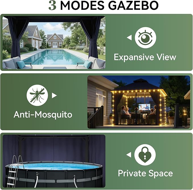 Aoxun Outdoor Gazebo for Patio 8x8 Metal Frame Canopy with Double Roofs Heavy Duty Party Tent and Shelter with Mosquito Netting and Privacy Screen for Backyard, Lawn, Garden, Deck (Navy Blue) Aoxun