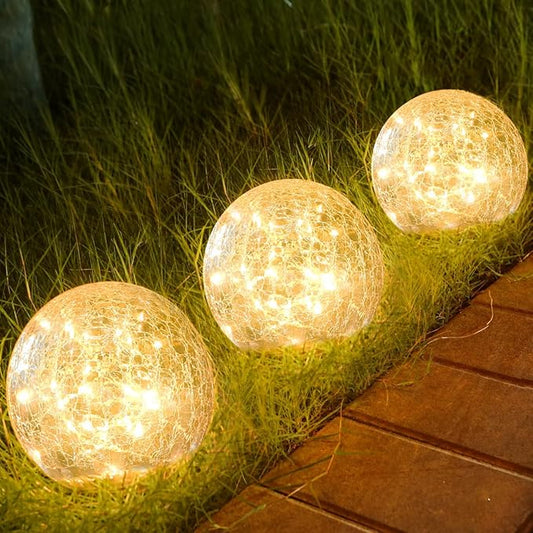 Outdoor Waterproof IP65 Solar Globe Lights, Led Solar Light Balls for Lawn Garden Patio Table Art Decoration, Yard Landscape Illuminated Cracked Glass Sphere Gazing Ball Lights, Round Ornaments Orbs Rootora