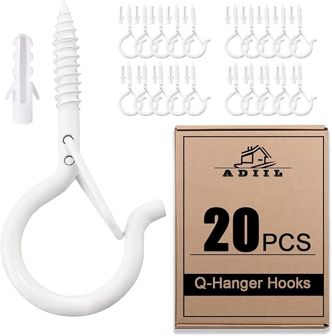 ADIIL 20 PCS Q Hanger Hooks with Safety Buckle, Windproof Screw Hooks for Hanging Outdoor String Lights, Plants, Christmas Patio Lights, 2.2 Inches, White ADIIL