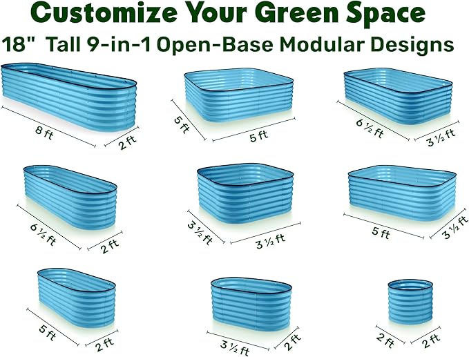 9-in-1 Galvanized Steel Raised Garden Bed // 8×2×1.5 ft Modular Planter for Gardening, Vegetables, Flowers // 18" Tall Metal Raised Garden Beds Outdoor (Teal) // Patented Design Planter Box PlantPlot