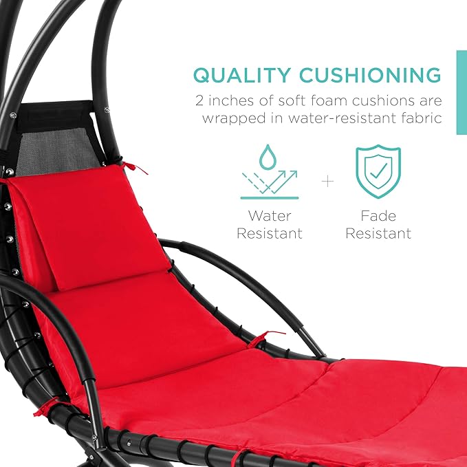 Best Choice Products Outdoor Hanging Curved Steel Chaise Lounge Chair Swing w/Built-in Pillow and Removable Canopy - Red BestChoiceProducts
