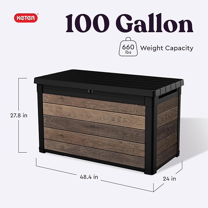 Keter Walnut 100 Gallon Resin Deck Box-Organization and Storage for Patio Furniture Outdoor Cushions, Throw Pillows, Garden Tools and Pool Toys Keter
