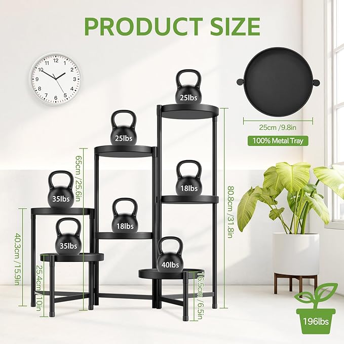 iDavosic.ly 7 Tier Large Plant Stand Indoor with 10 Inch Wide Tray, Tiered Corner Metal Outdoor Flower Display Holder Shelf, Folding Tall Rack for Patio Porch Living Room, Modern Black iDavosicly