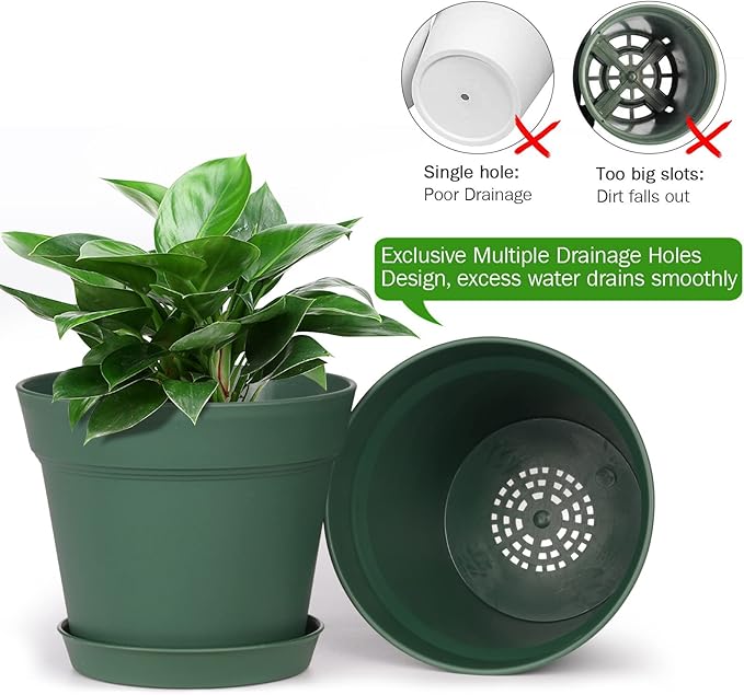 homenote Plant Pots,15 Pack 6 inch Flower Pots with Multiple Drainage Holes and Saucers,Plastic Planters for All Home Garden Flowers Succulents(Green) HOMENOTE