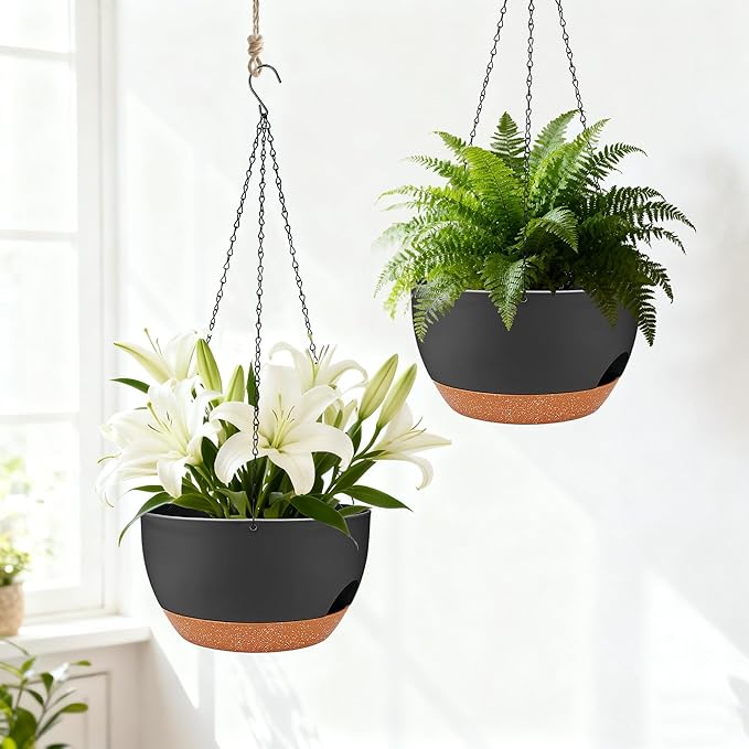 Set of 2-8 Inch Self Watering Hanging Planters for Indoor Outdoor，Hanging Plant Pots with Drainage & Removable Tray, Hanging Pots Holder for Ivy, Pothos, Ferns, Balcony & Patio, Black Brown zople