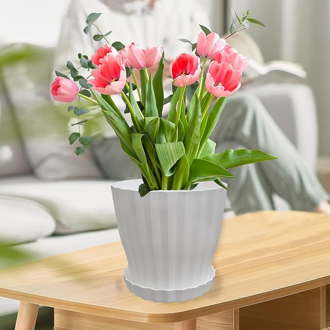 Flower Pots Outdoor Clearance 6 inch Set of 5 Succulent Planters for Indoor Plants Garden Home Holiday, Plastic Nursery Pots for Plants with Drainage Holes and Saucer, Modern Plant Pot White KAHEAUM