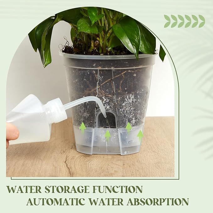 Self Watering Pots for Indoor Plants with Deep Reservoir and High Drainage Holes for Outdoor Plants and Flowers, Bare Root Planter(4.72'', 5.91'', 7.09'',Clear,6 Pcs) Wonderjune