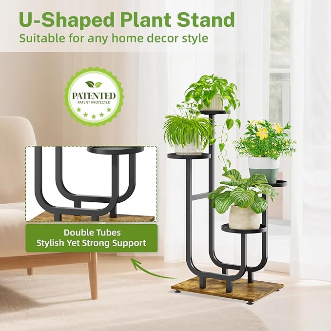 iDavosic.ly 4 Tier Plant Stand Indoor, Corner Tiered Multiple Flower Holder Shelf with Metal Trays, Orchid Display Wooden Rack for Patio Porch Living Room Balcony Outdoor, Modern Black & Rustic Brown iDavosicly
