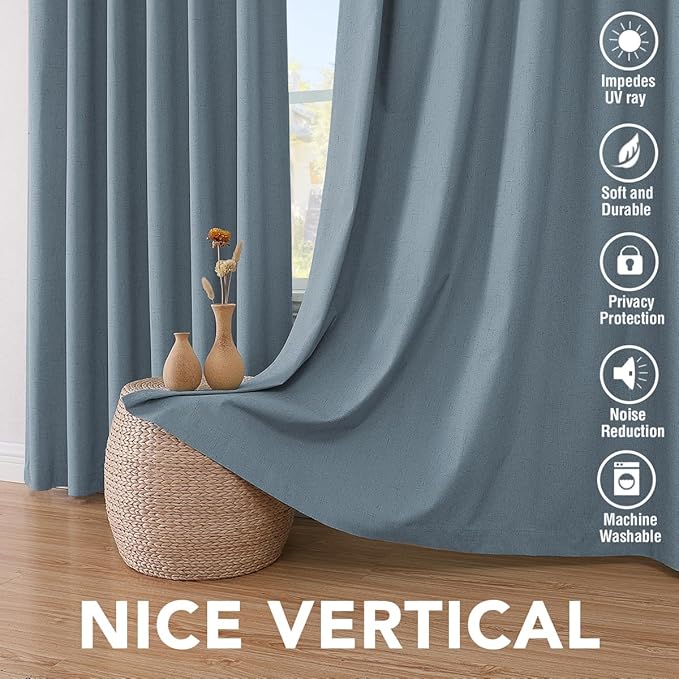 H.VERSAILTEX Linen Blackout Curtains 45 Inches Long 100% Blackout Thermal Insulated Textured Linen Look Curtain Draperies Anti-Rust Grommet, Energy Saving with White Liner, 2 Panels, Stone Blue HVERSAILTEX