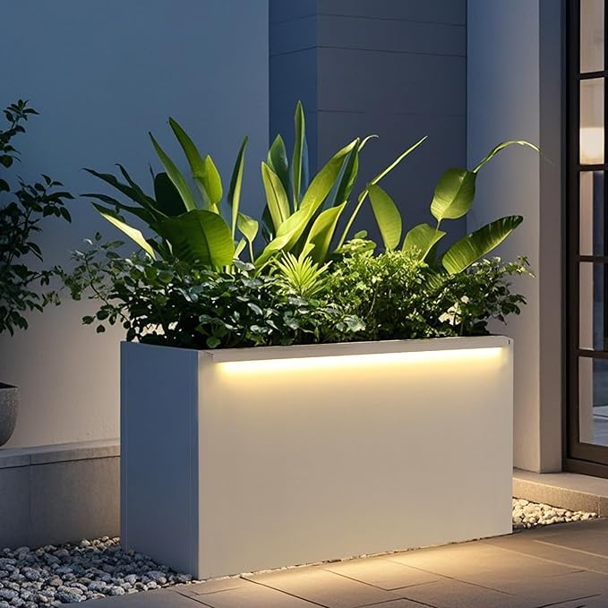 GSK 30" L White LED Metal Planter with Light Outdoor Illuminate Magnetic 3000K Lighting Strips Rectangular Flower Box Rectangle Trough Drainage Holes Indoor Patio Balcony Garden GSK