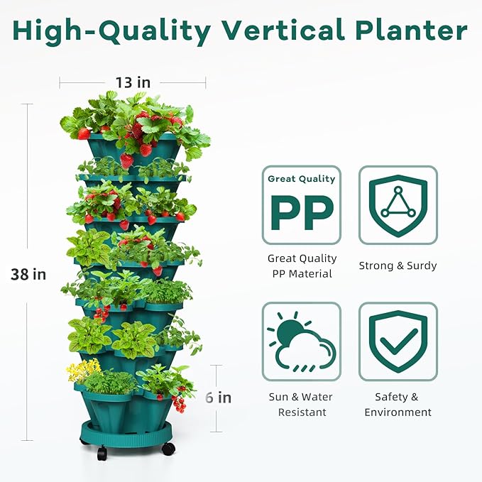 Strawberry Vertical Planters Tower Garden 3 Pack, 7 Tiered Stacking Herb Vegetable Planter with Support Pole Indoor and Outdoor - Hunter Green Tectsia