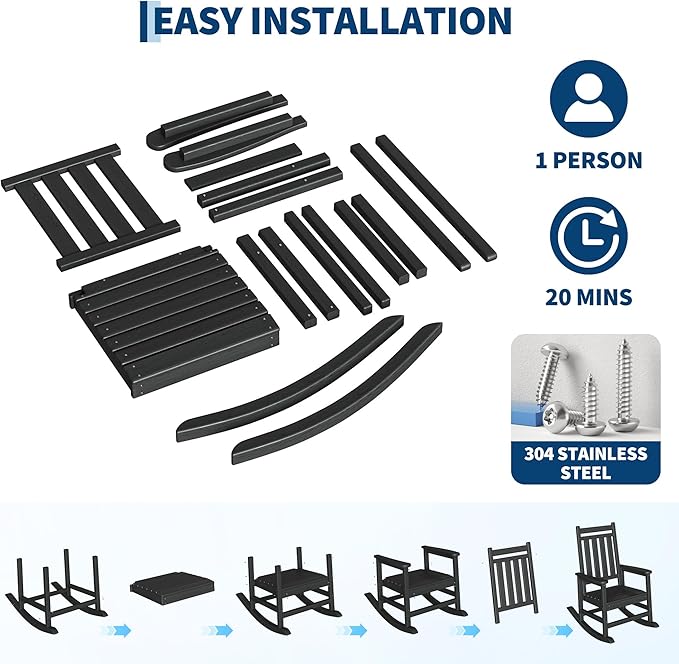 Rocking Chair Outdoor Set of 2 - HDPE Poly High Back Porch Rocker Chairs for Adults - All Weather Resistant Furniture for Patio Front Porch - Black GarveeLife