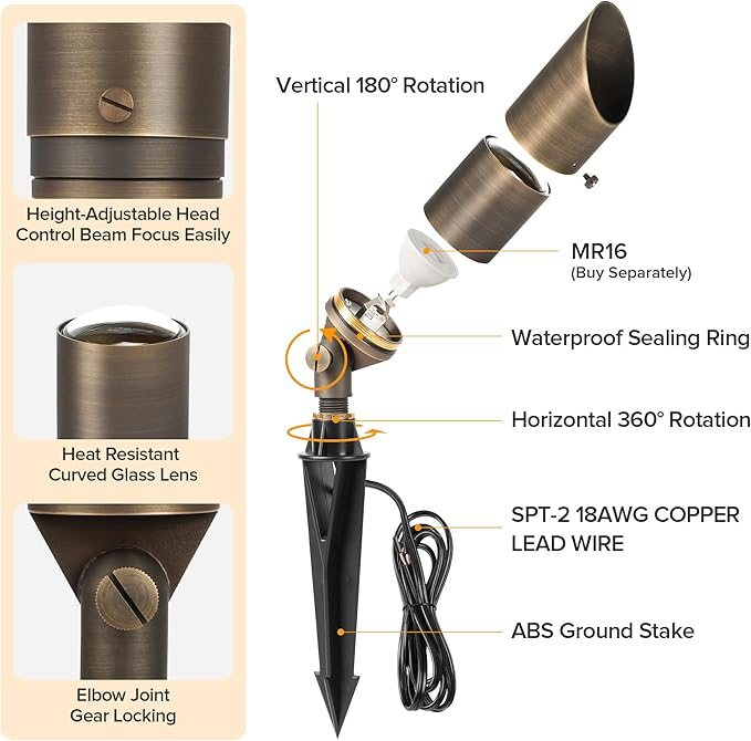 LUTEC Solid Brass Low Voltage Landscape Lighting, 12V Heavy Duty Waterproof Landscape Spotlights, Adjustable Bronze Uplights Outdoor Fixtures for Garden Yard Pathway Tree Without Bulb, 6 Pack LUTEC