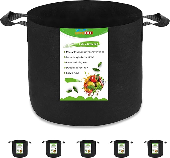 5-Pack 5 Gallon Plant Grow Bags, Heavy Duty Aeration Fabric Pots with Handles for Garden and Planting OPPOLIFE