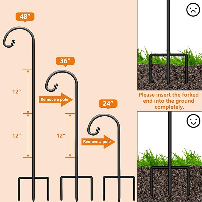 Gtongoko 48 Inch Shepherds Hooks for Outdoor 4 Pack Garden Hooks for Hanging Plants, Lanterns, Bird Feeders, Solar Lights, Mason Jars, Weddings Decor, Adjustable, Matte Black Gtongoko