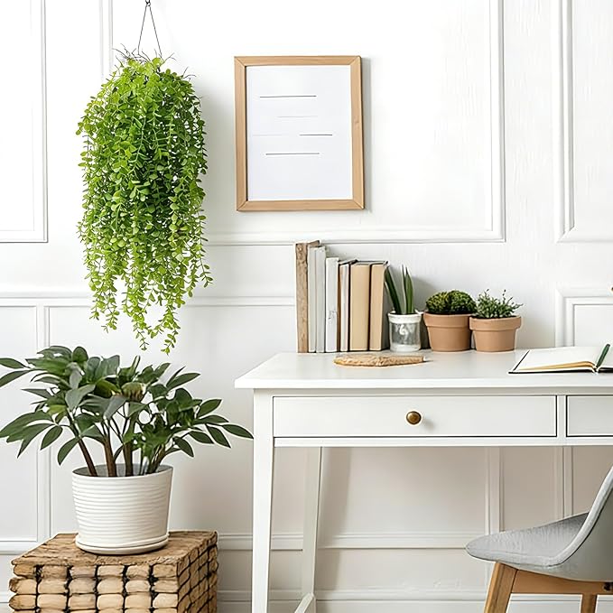 2 Pack Fake Hanging Plants, Artificial Hanging Eucalyptus Plants Greenery Vines UV Resistant Faux Trailing Plants for Indoor Outdoor Wall Shelf Porch Boho Home Patio Decor (2PCS Dark Green) dallisten
