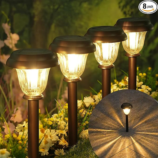 DERAYSION 8 Pack Solar Lights Outdoor, Stainless Steel Glass Solar Pathway Lights, Auto On/Off Long-Lasting Waterproof Landscape Lighting for Garden, Landscape, Path, Yard, Warkway (Warm White) DERAYSIONSolarLighting