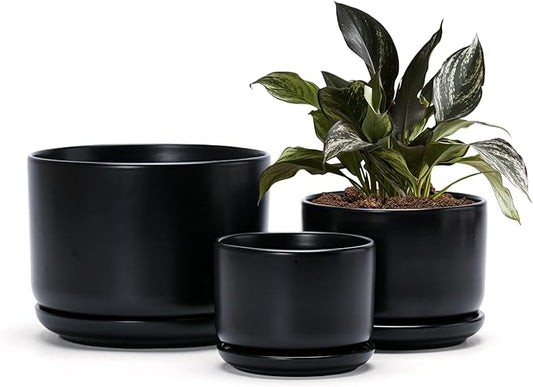 Ton Sin Plant Pots, 4.1+5.1+6.5 inch, Set of 3, Ceramic Planters with Drainage Hole and Saucer, Indoor Flower Pot Gifts for Mom（Matte Black） TonSin
