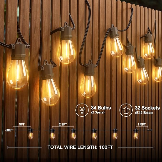 addlon 100FT LED Outdoor String Lights with Edison Shatterproof Bulbs, Heavy-Duty and Weatherproof Strand, Commercial Grade Patio Lights, Decorative for Garden or Patio, Black addlon