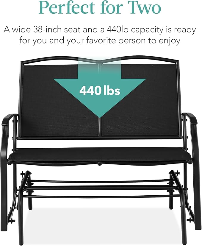 Best Choice Products 2-Person Outdoor Patio Swing Glider Steel Bench Loveseat Rocker for Deck, Porch w/Textilene Fabric, Steel Frame - Black BestChoiceProducts