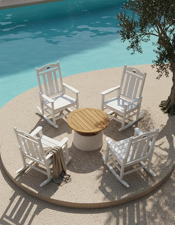 Ciokea Oversized Outdoor Rocking Chairs Set of 4, 380lbs Heavy-Duty Large Patio Rocker, High Back Cozy Porch Chairs, Weather Resistant Patio Rocking Chairs for Outside, Fire Pit, Deck, White CIOKEA