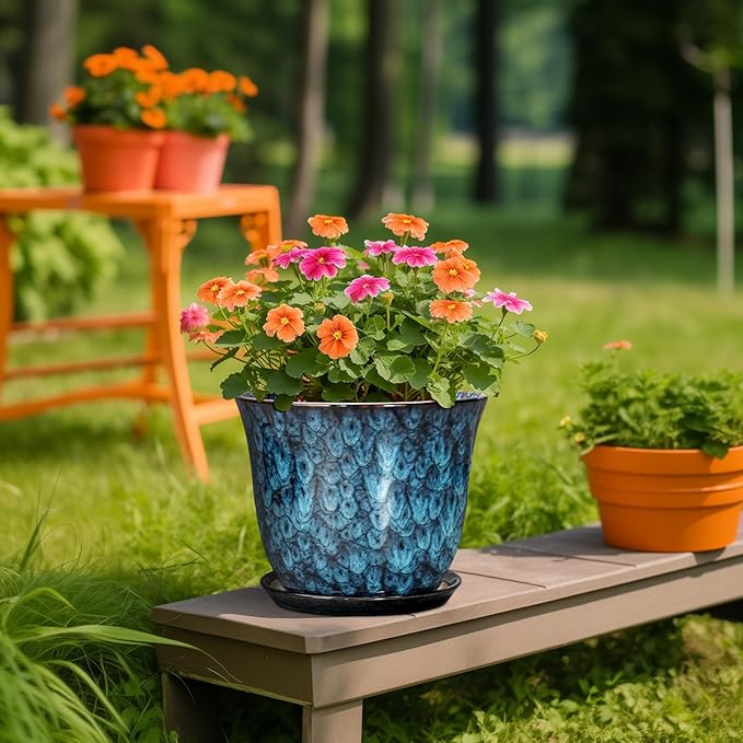 10 Inch Plant Pot - Ceramic Planter with Drainage Hole and Saucer, Round Flower Pots for Indoor Outdoor, Modern Decorative Planter for Plants, Home Office Decor, Plant Lover Gifts, Blue SUNPOTFOR
