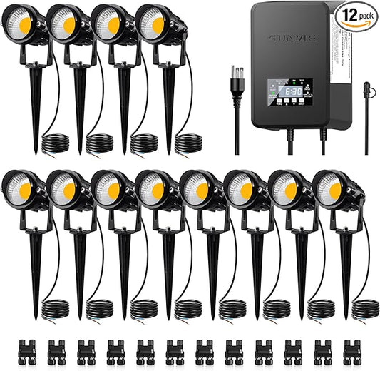 SUNVIE 12 Pack Low Voltage Landscape Lights with 300W Transformer 12-24V LED Landscape Lighting Kit 3000K Waterproof Aluminum Landscape Spotlights with Wire Connectors for House Yard Tree Garden SUNVIE