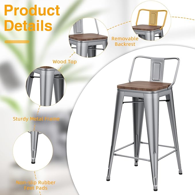 Yongchuang 30 inch Bar Stools Set of 4 Bar Height Metal Barstools with Wood Seat Low Back Kitchen Bar Chairs Silver YongchuangInternational